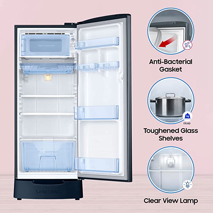 Samsung 183 L 3 Star Digital Inverter Direct Cool Single Door Refrigerator (RR20C1823U8/HL, Saffron Blue, Base Stand with Drawer 2023 Model) Samsung 183 L 3 Star Digital Inverter Direct Cool Single Door Refrigerator (RR20C1823U8/HL, Saffron Blue, Base Stand with Drawer 2023 Model)